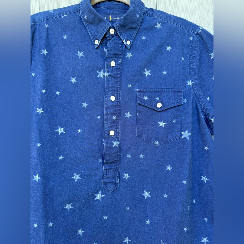Ralph Lauren Star Print Dark Wash Denim Blue Short Sleeve Half Button Down, L